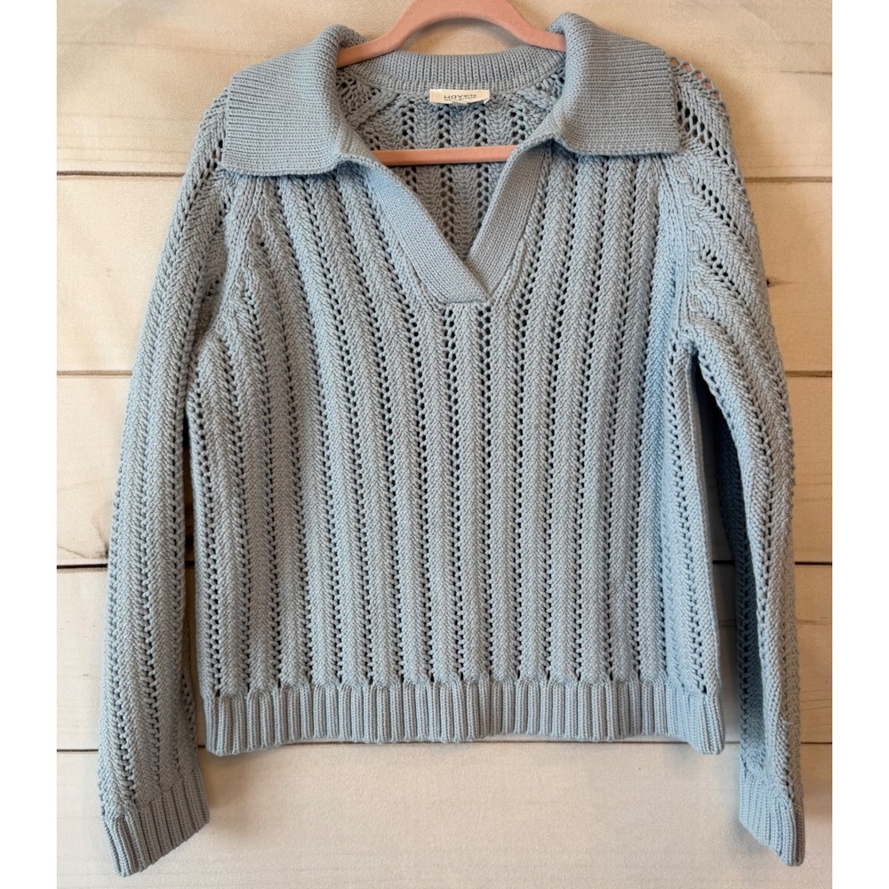 Haven Well Within Blue Pointelle Knit Polo Sweater V-Neck Long Sleeve Medium